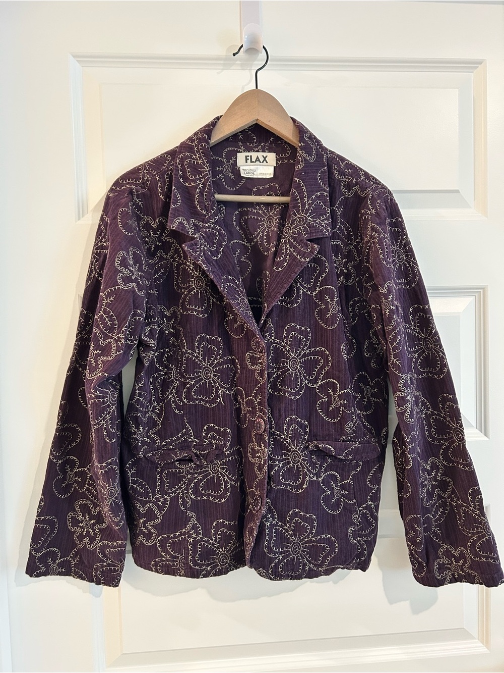 Flax Embroidered Lightweight Corduroy Blazer Purple Size L - Picture 1 of 13